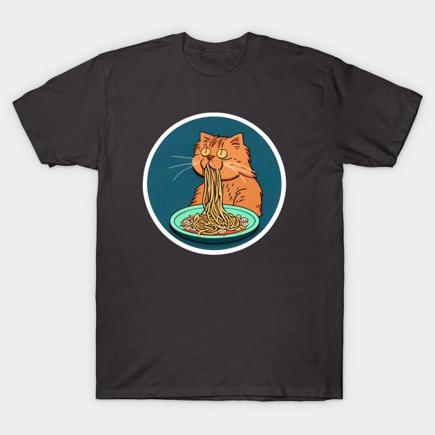 Cat Chowing Down on Spaghetti T-Shirt by Ink Fist Design